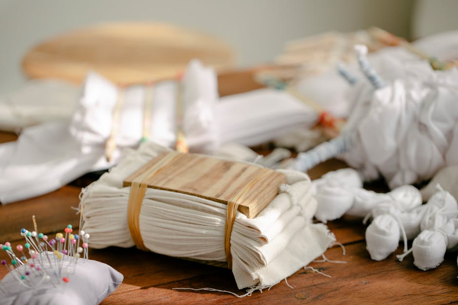 Abundance of tied fabric on table with various tools and equipment for shibori dyeing in light professional workshop on blurred background