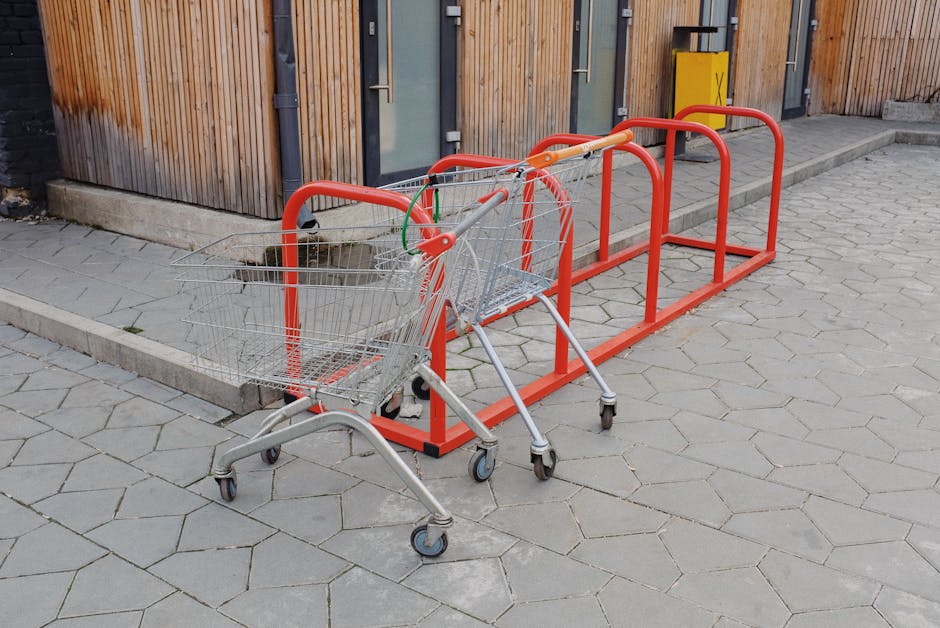Two shopping carts parked outdoors by a modern wooden building facade.