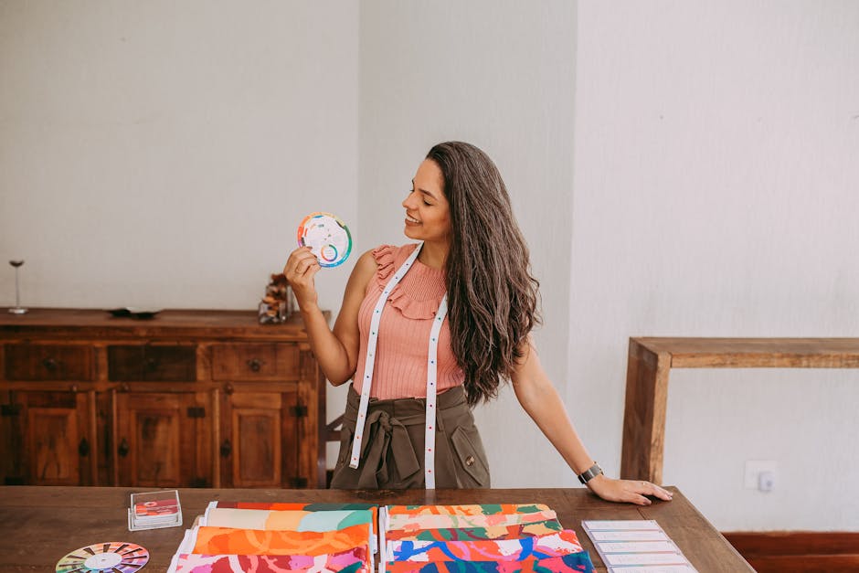 A smiling woman designer with fabric samples and measuring tape in a creative workspace.